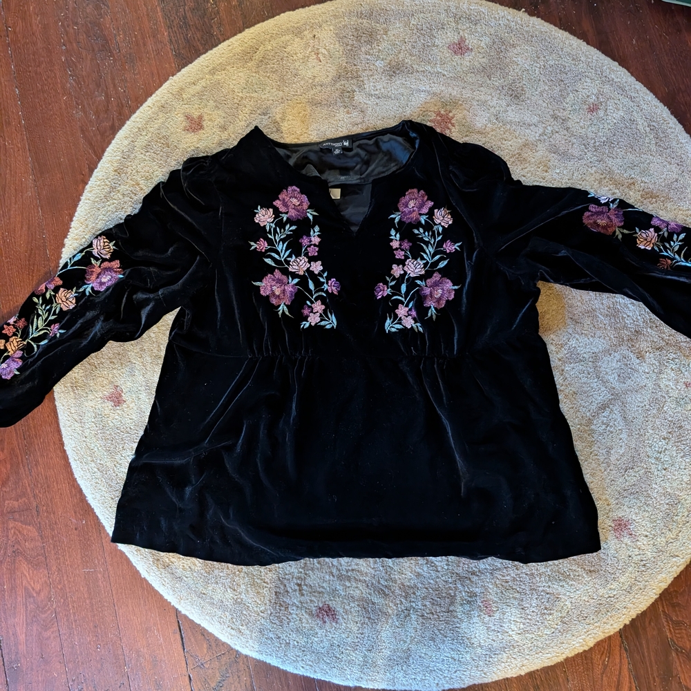 Antthony Black Velvet Top with Pink Floral Embroidery